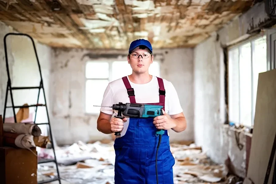 Contractor in a hard hat using a drill inside a gutted room during a Florida fix-and-flip renovation project