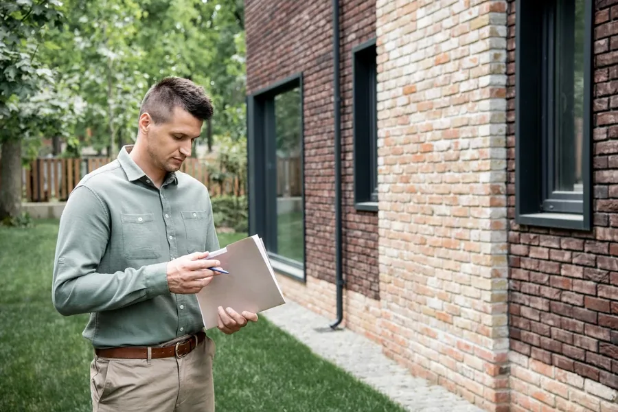 Home inspector holding a clipboard outside a brick house during a Florida home inspection