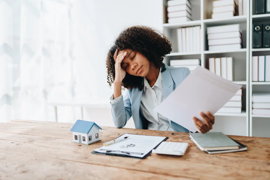 Homeowner stressed reviewing home equity loan documents and bills