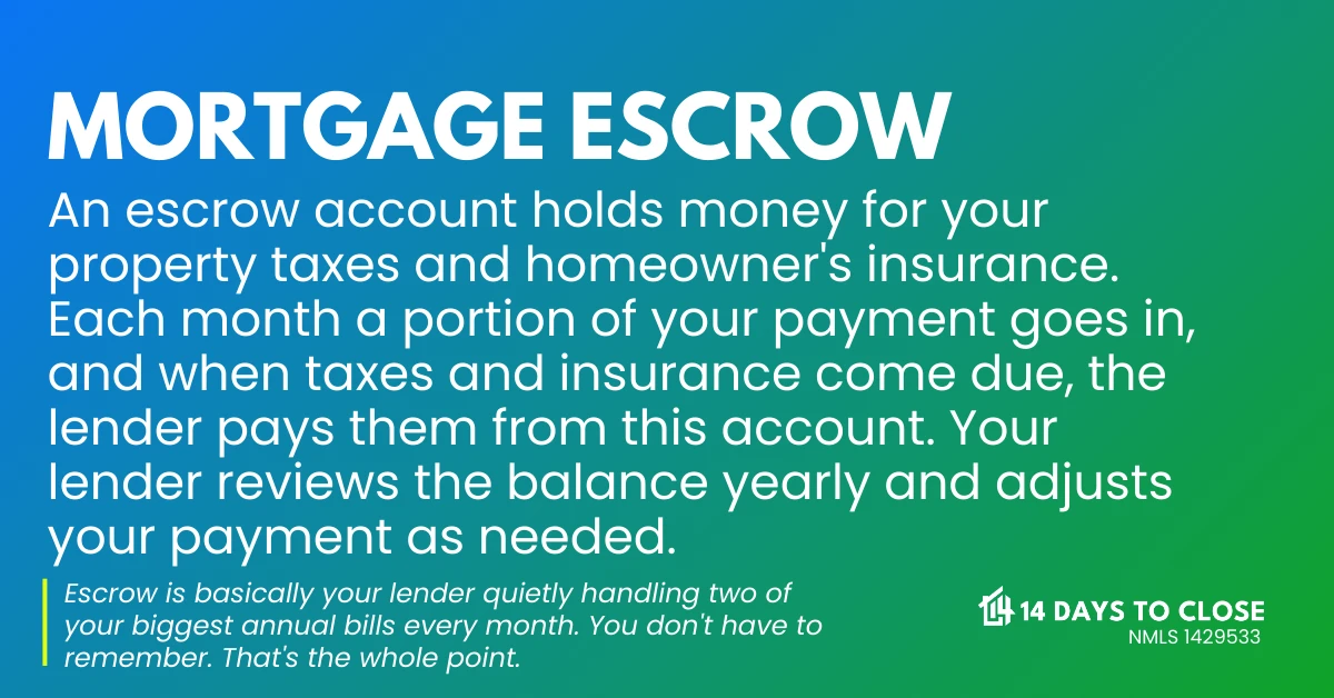 Infographic explaining how a mortgage escrow account works, taxes, insurance, and annual analysis